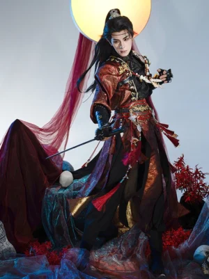 Full-body male model wearing a layered red and black Chinese fantasy hanfu warrior outfit with gold accents and ornate waist jewelry against a moonlit wuxia backdrop
