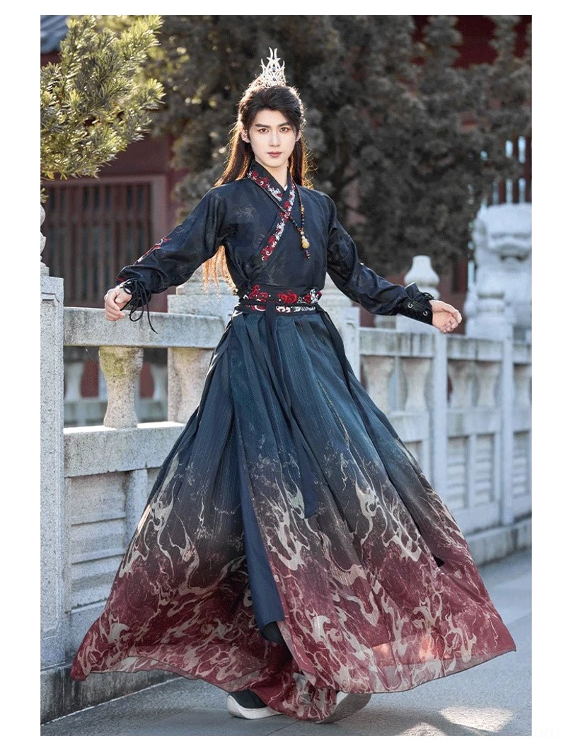 Front view of Crimson Flame unisex ancient Chinese hanfu set with dark teal and wine red flame-print gradient skirt, decorative waist belt, and flowing cross-collar top