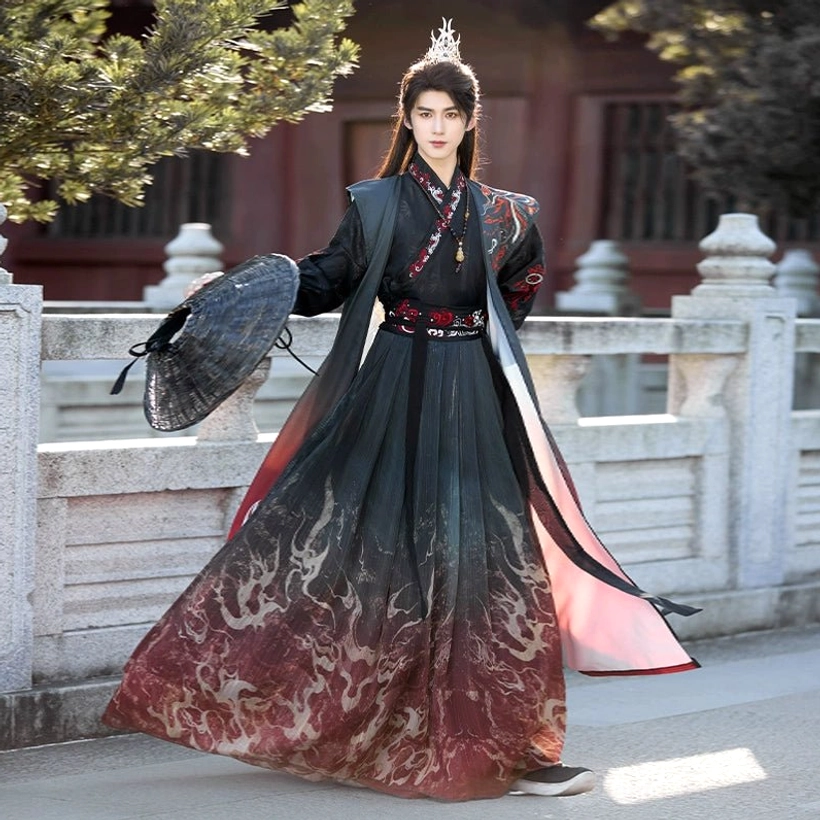Crimson Flame unisex Wei-Jin style hanfu complete set featuring a cross-collar robe, flame-gradient wrap skirt, decorative waist sash, and long outer vest
