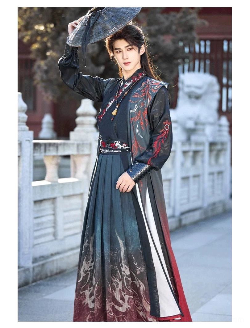 Crimson Flame unisex Wei-Jin cross-collar hanfu with dark embroidered upper garment, dragon-flame skirt, red and white vest trim, and oil-paper umbrella