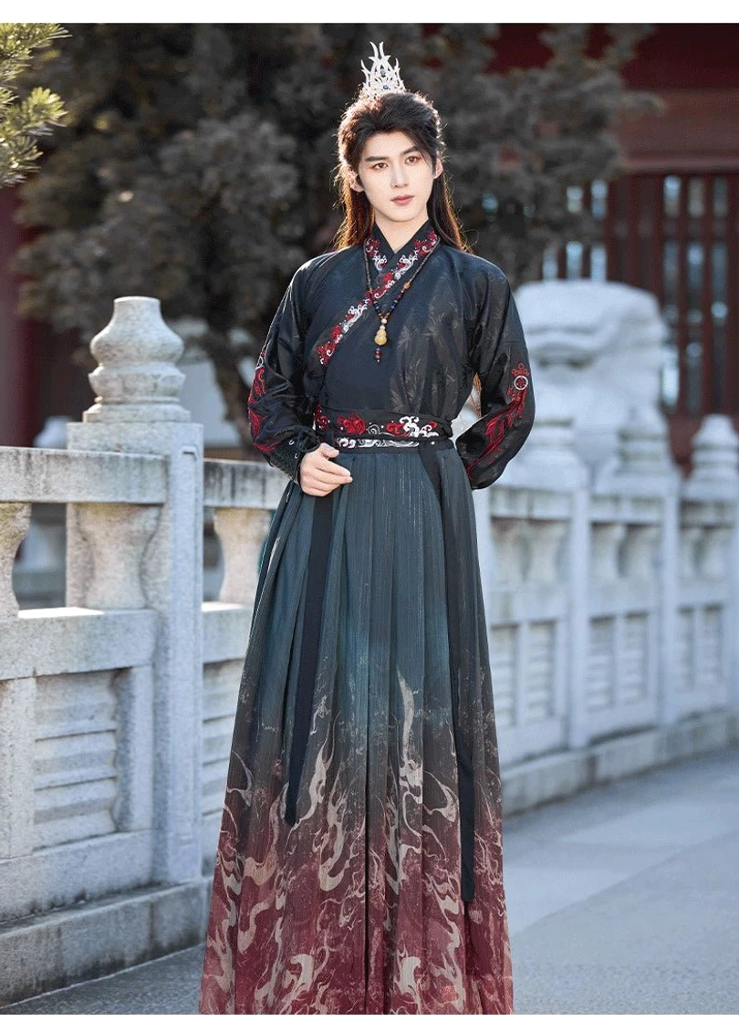 Front view of Crimson Flame unisex Wei-Jin style hanfu set with gradient flame-print skirt, coordinated waist belt, cross-collar top, and long outer vest