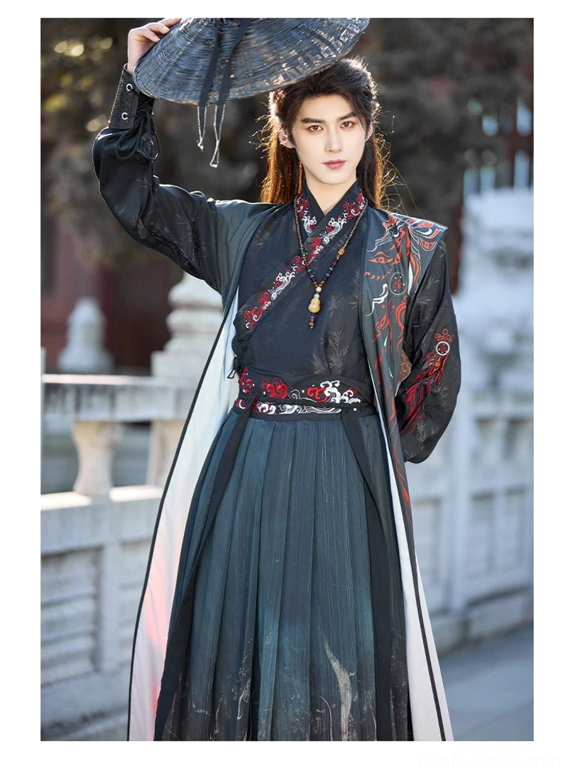 Crimson Flame unisex Wei-Jin hanfu complete set styled as an ancient Chinese heroic robe with cross-collar top, flowing skirt, and layered outer vest