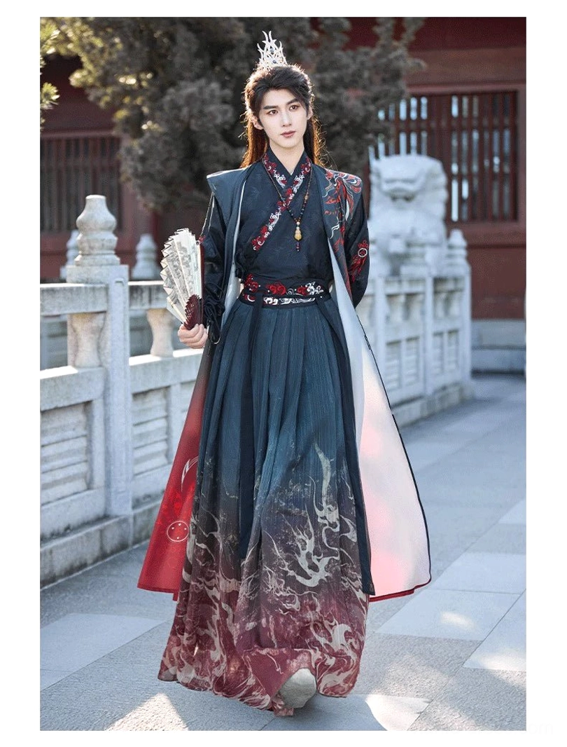 Three-quarter side view of Crimson Flame Wei-Jin hanfu outfit with dragon and flame printed gradient skirt, white-lined outer vest, and decorative waistband