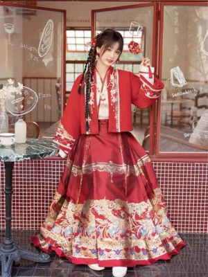 Crimson modern Hanfu bridal set with gold embroidery and Ming Dynasty inspired Mamian skirt front view