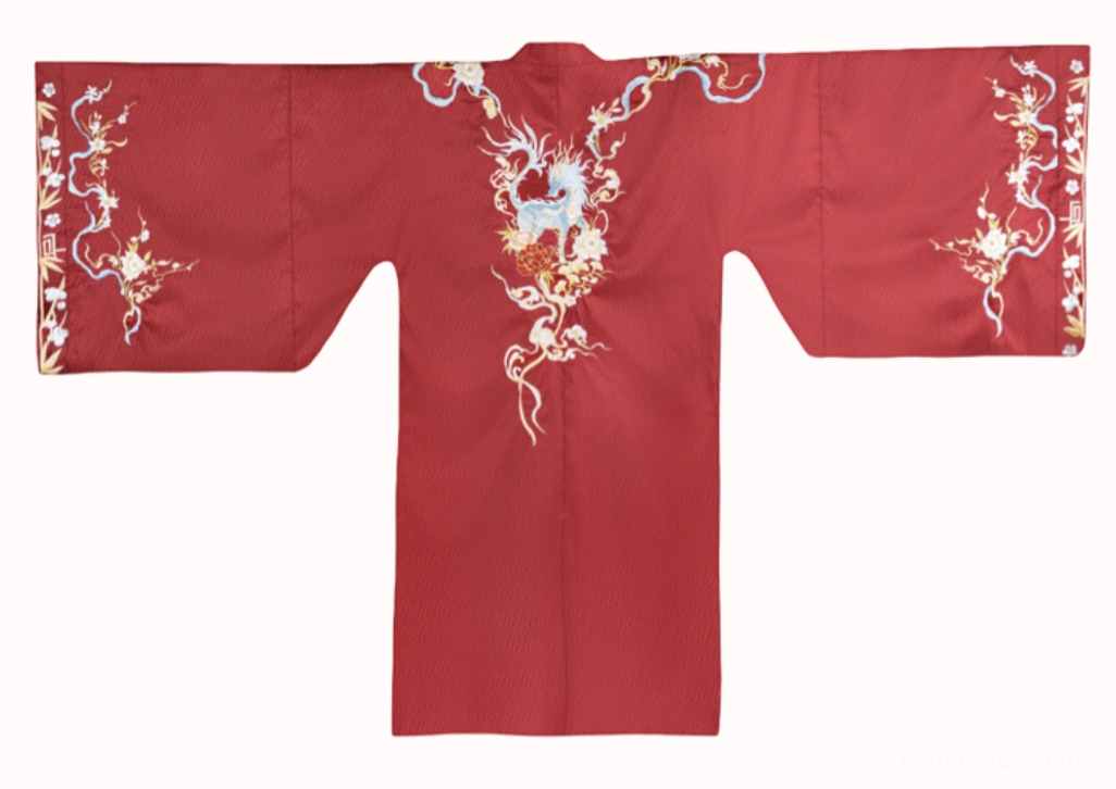 Wide sleeved crimson Chinese wedding Hanfu outer coat with gold dragon and phoenix embroidery