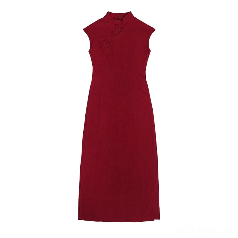 Crimson qipao cheongsam bodice with stand collar, chest cutout, cap sleeves, traditional frog closure, and smooth woven fabric