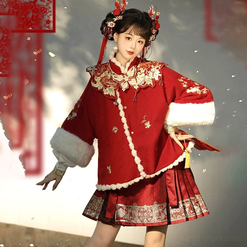 Crimson red modern Hanfu mamianqun set with floral embroidered coat white trim tassel and patterned skirt hem