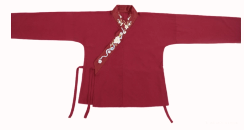 Crimson cross collar Hanfu top with floral embroidery and waist tie straps from Song Dynasty bridal hanfu set