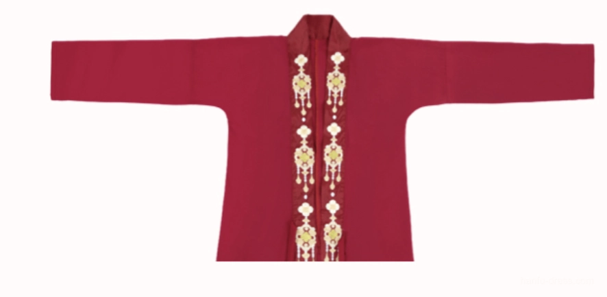 Deep crimson straight collar Hanfu inner top with embroidered front placket and wide sleeves for bridal set