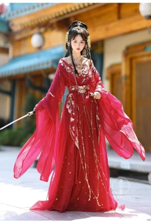 Crimson Wei Jin Dynasty Qiyao Ruqun Hanfu princess dress shown from the front in an ancient Chinese courtyard, featuring an off shoulder embroidered bodice, wide sheer sleeves, beaded red tassels, waist ornament, and traditional sword styling