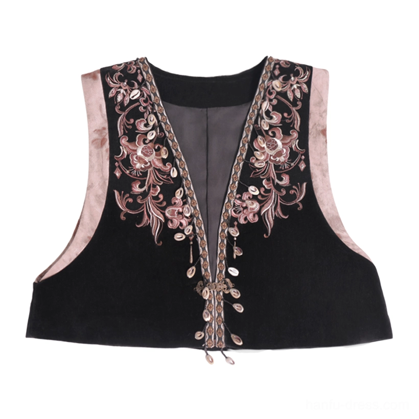 Flat lay front view of a cropped black chenille Hanfu vest with pink floral embroidery contrast fabric trim and tassel pendant buttons