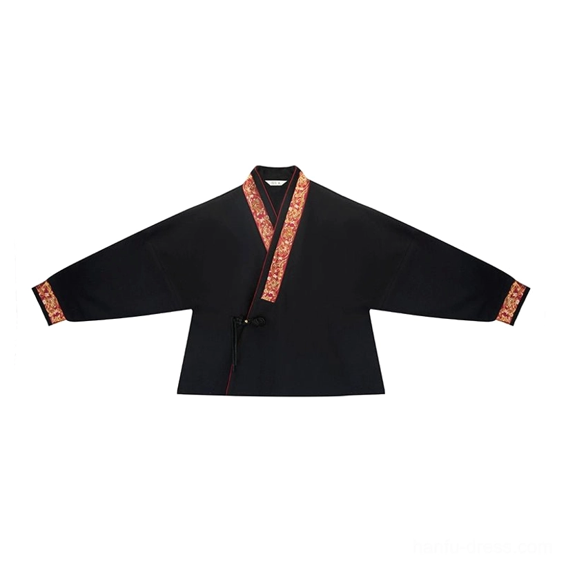 Flat lay front view of a cropped black Chinese-style Hanfu jacket with frog buttons embroidered collar cuffs and drop-shoulder sleeves