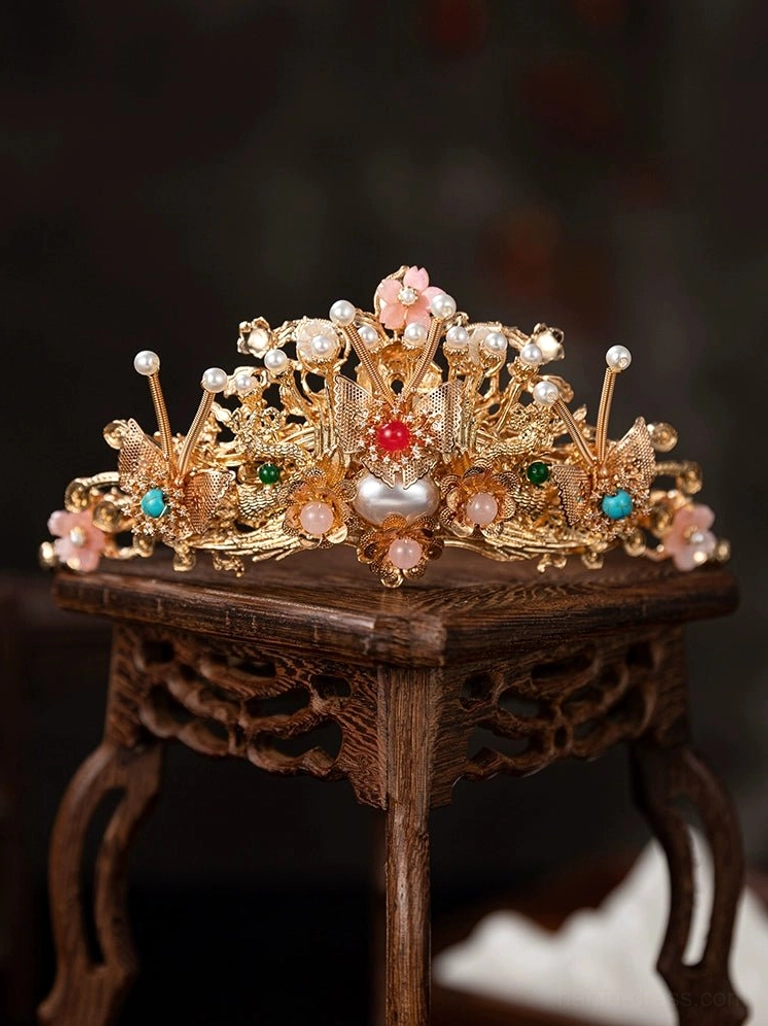 Crown Princess Hanfu bridal crown in gold tone with pearl beads red gemstones turquoise accents floral ornaments and phoenix-inspired openwork design
