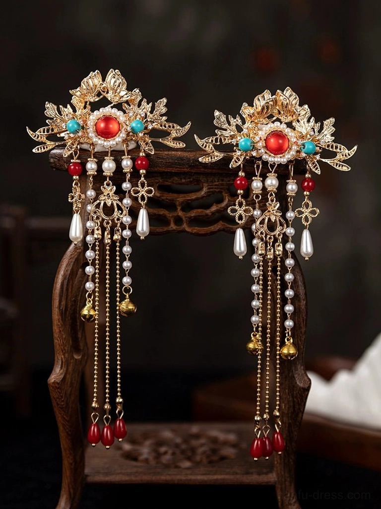 Pair of Crown Princess Hanfu side hair clips with gold floral settings red stones turquoise details pearl tassels red pendants and small bells