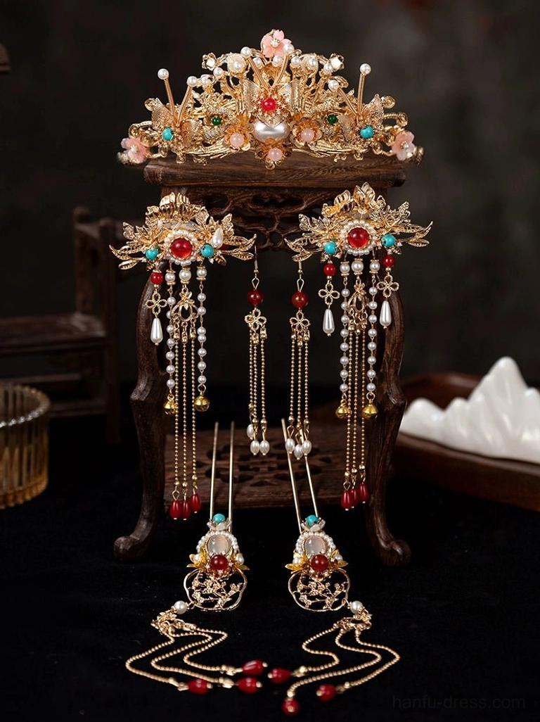 Complete Crown Princess Hanfu wedding hair accessory collection displayed together with gold crown red and turquoise details pearl tassels and matching ornaments