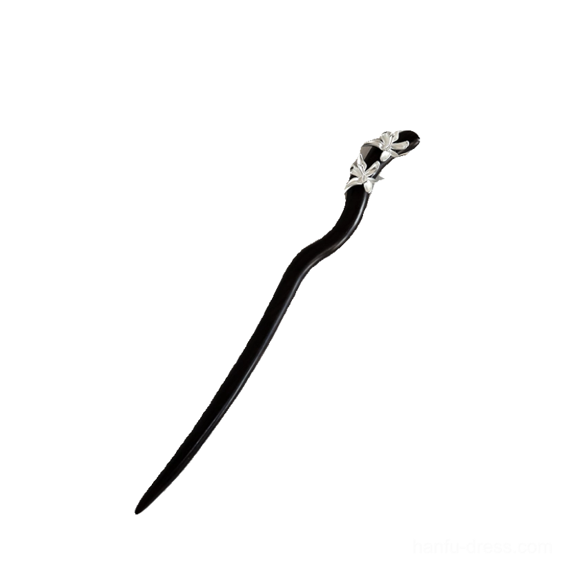 Curved silver flower Chinese hair stick with a long polished dark wooden shaft displayed on a white background