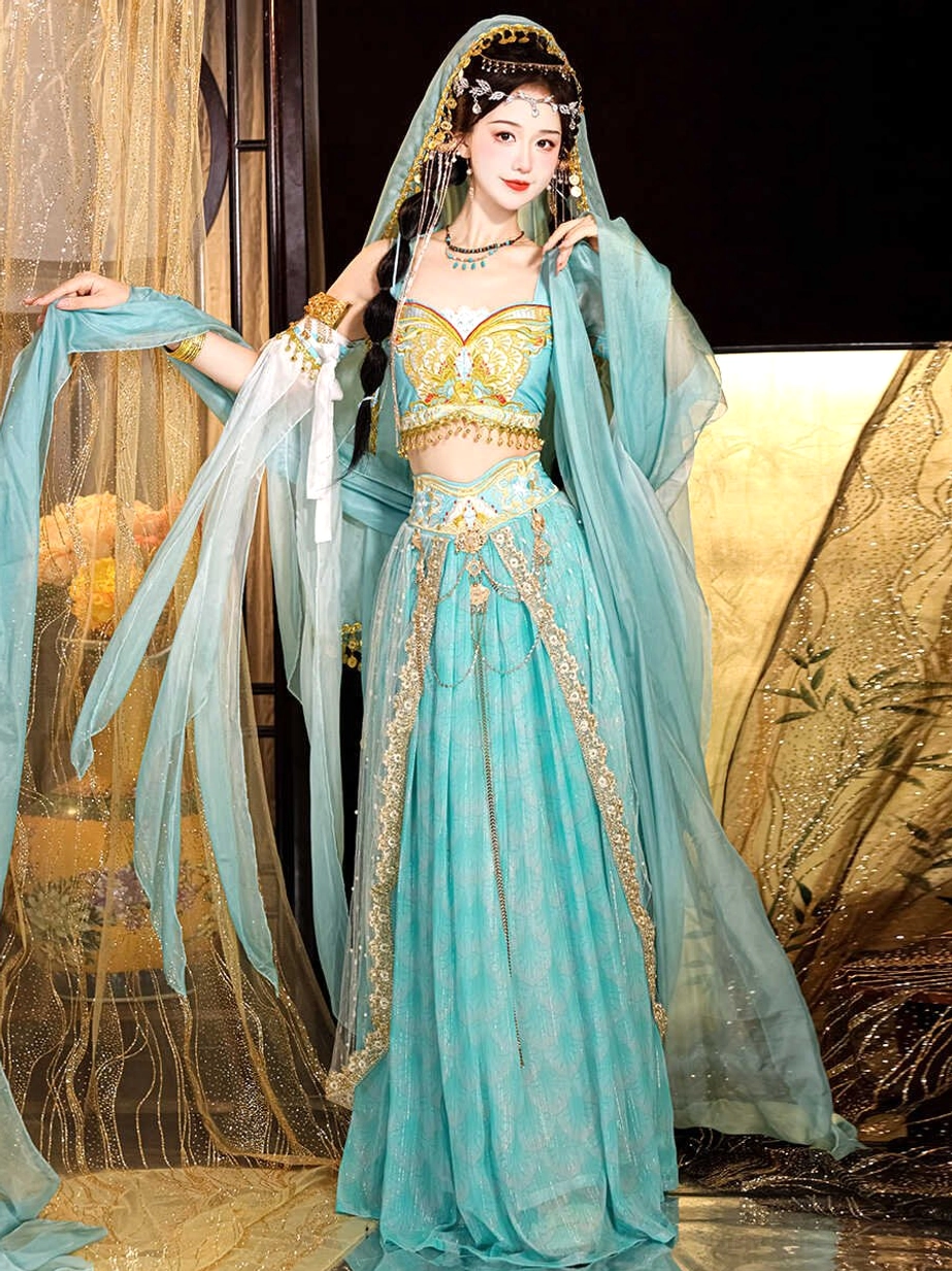 Side view of a cyan blue Tang Dynasty Hanfu Feitian costume with lifted flowing veil sleeves, gold trim, and subtle sparkling fabric details