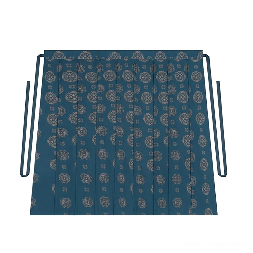Standalone Dailan navy Tang Dynasty hanfu wrap skirt with golden circular floral prints, matching waist ties, nine-panel construction, and floor-length drape