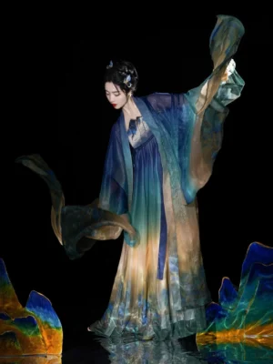 Tang Dynasty Hanfu dress in a dynamic side view with fluttering big sleeves floor length landscape print skirt and matching sash