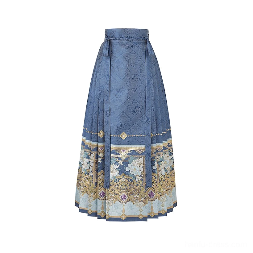 Flat lay of a dark blue traditional Chinese mamian skirt with structured pleats, hidden waist tie, and intricate gold embroidered vintage floral hem