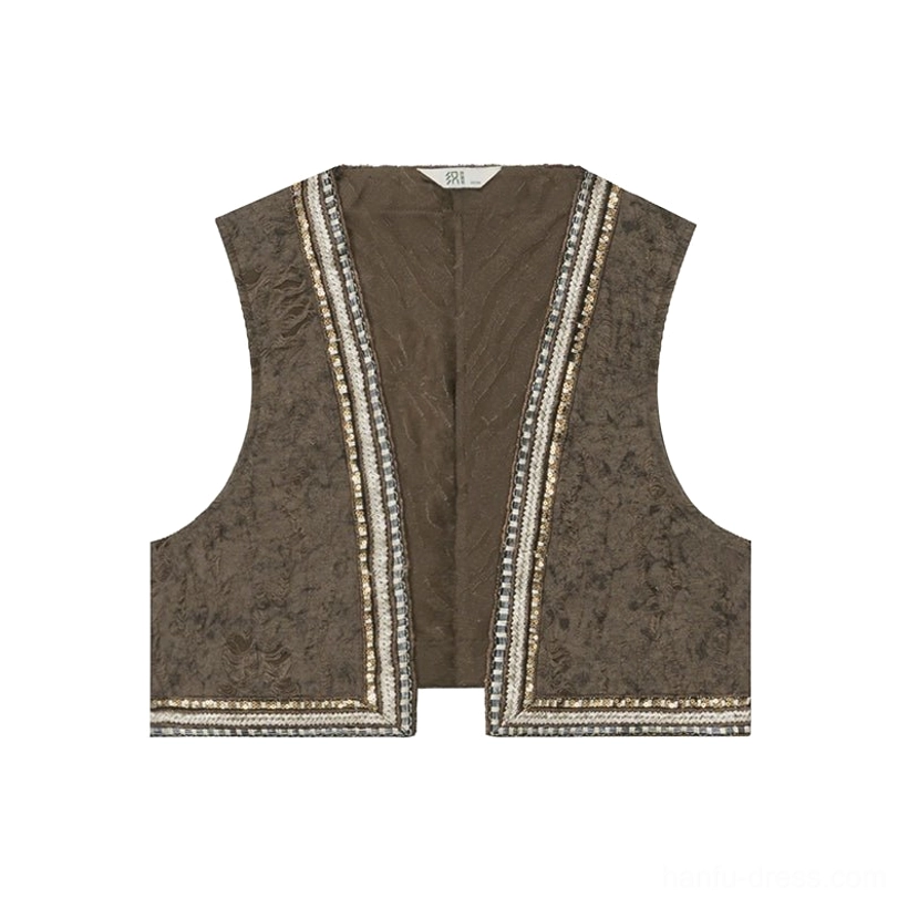 Flat lay of the dark brown jacquard embroidered Hanfu vest with open front, ethnic-inspired trims, and hidden hooks