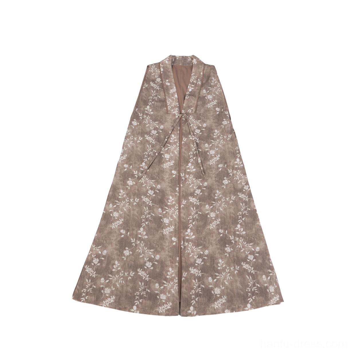 Dark brown floral print long hanfu robe with V-neckline, tie-front closure, botanical pattern, and relaxed flowing fit