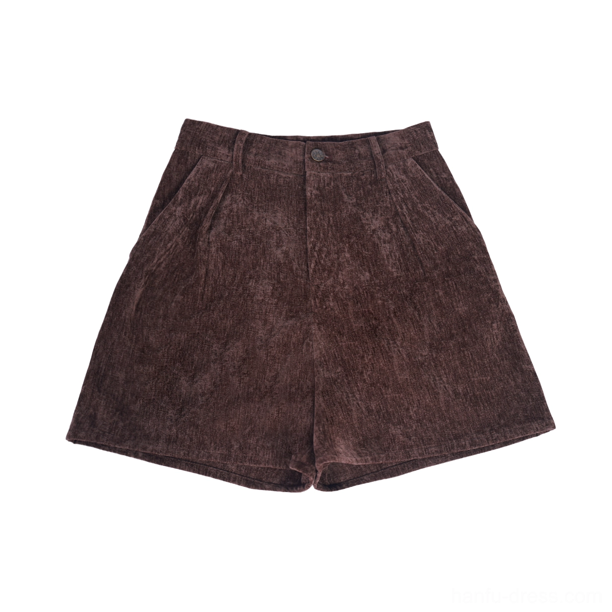 Flat lay of dark brown high-waisted chenille shorts with front button closure and hidden side pockets for modern hanfu styling