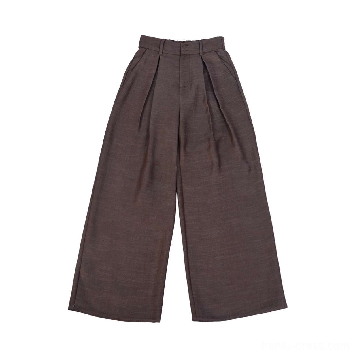 Dark brown high-waisted wide leg hanfu pants with front pleats, smooth drape, and elegant relaxed tailoring