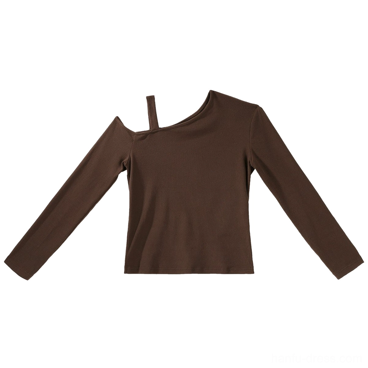 Flat lay of dark brown fitted modern Hanfu inner top with long sleeves and asymmetrical cold-shoulder design