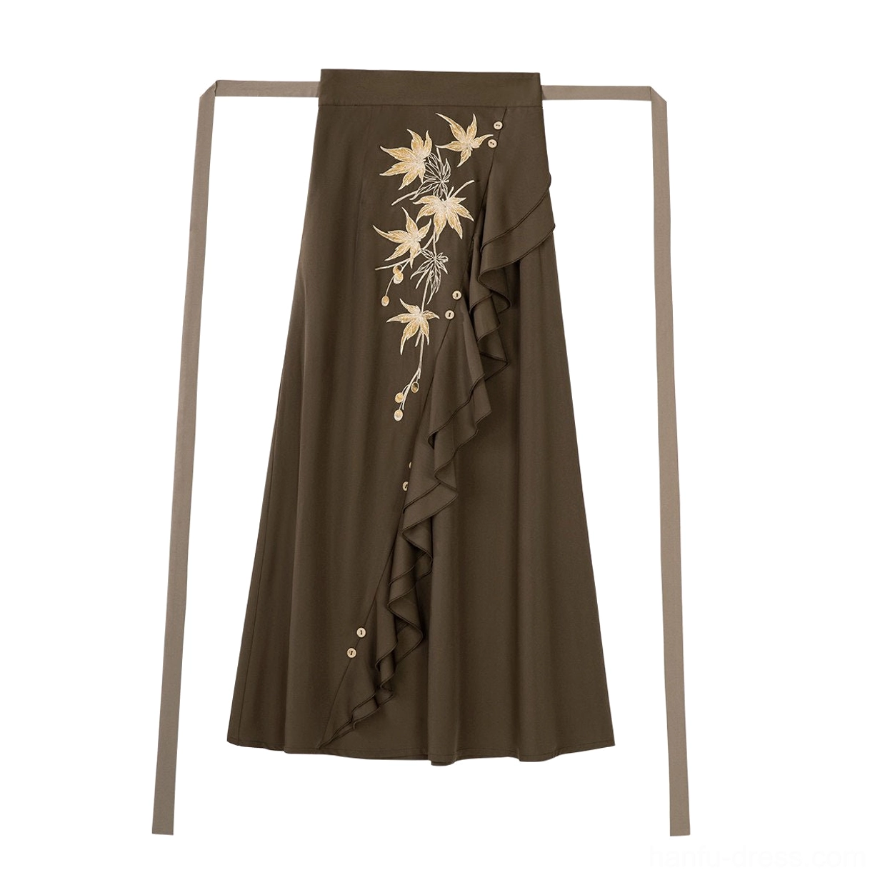 Hanging view of a dark brown modern Hanfu embroidered midi skirt with maple leaf embroidery ruffled side panel waist tie and hem buttons