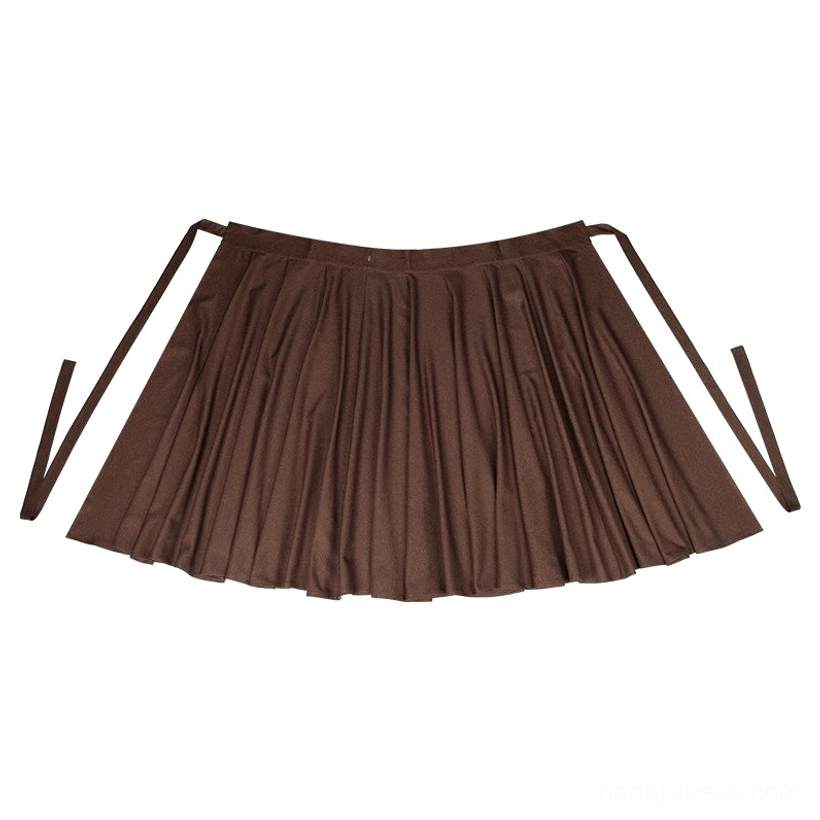 Flat lay of a dark brown fully pleated Tang Dynasty inspired wrap skirt with adjustable side tie straps