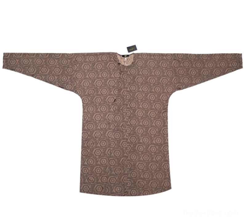 Flat lay of the dark brown Tang Dynasty Hanfu robe top showing circular jacquard pattern wide cross collar sleeves and layered traditional design