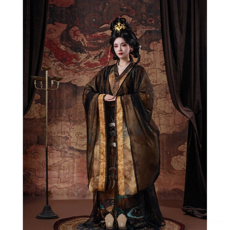 Dark brown Wei Jin Dynasty Hanfu full set with wide sleeves, golden decorative trim and matching waist accessories in a dramatic studio portrait