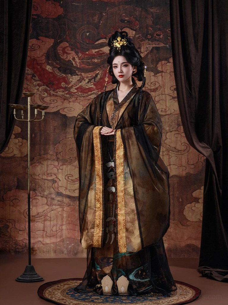 Dark brown formal Wei Jin Dynasty Hanfu with dramatic wide sleeves, layered skirt and rich golden side trim in a traditional fantasy style