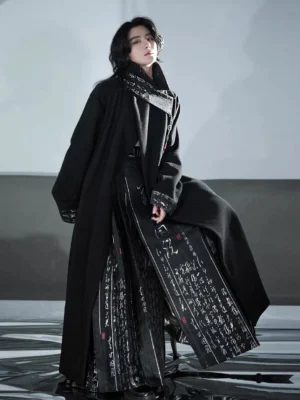 Full-length side view of a black New Chinese Hanfu robe coat with silver calligraphy accents and a matching Hanfu-style skirt