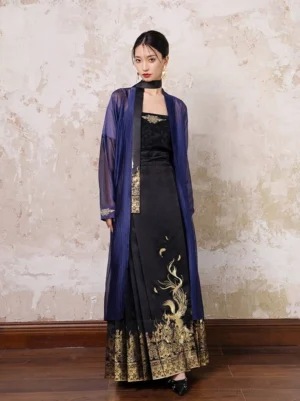 Front full body view of dark fae modern Ming Dynasty Hanfu complete set with black gold phoenix mamian skirt and sheer purple coat