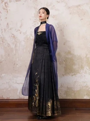 Side view of dark fae Ming style Hanfu outfit showing black gold camisole pleated horse face skirt and flowing purple sheer coat