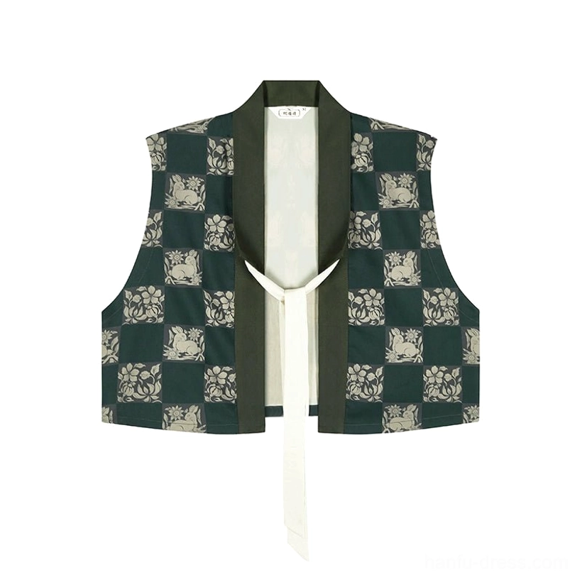Flat lay display of dark green floral checkerboard jacquard Tang Beizi overlay with V neckline, beige lining, and detachable white necktie