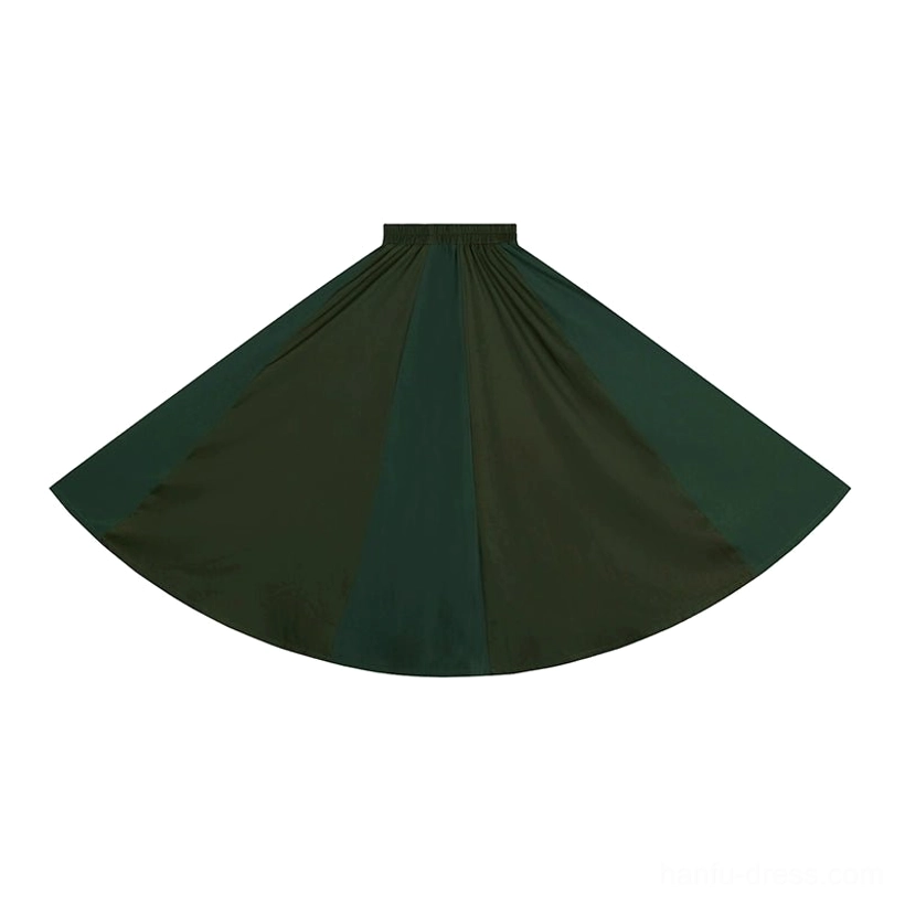 Overhead flat lay of dark green high waisted eight panel Hanfu maxi skirt with elastic waistband and wide flowing silhouette