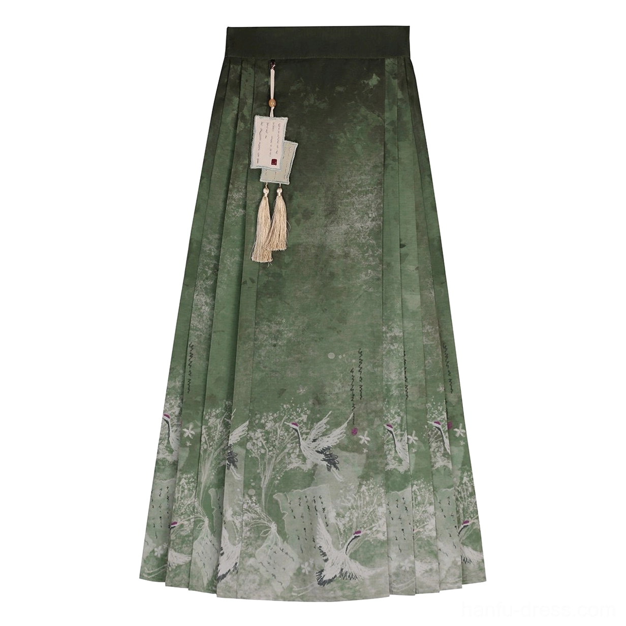 Close-up flat lay of dark green gradient mamianqun horse-face skirt with crane landscape print and detachable tassel pendants