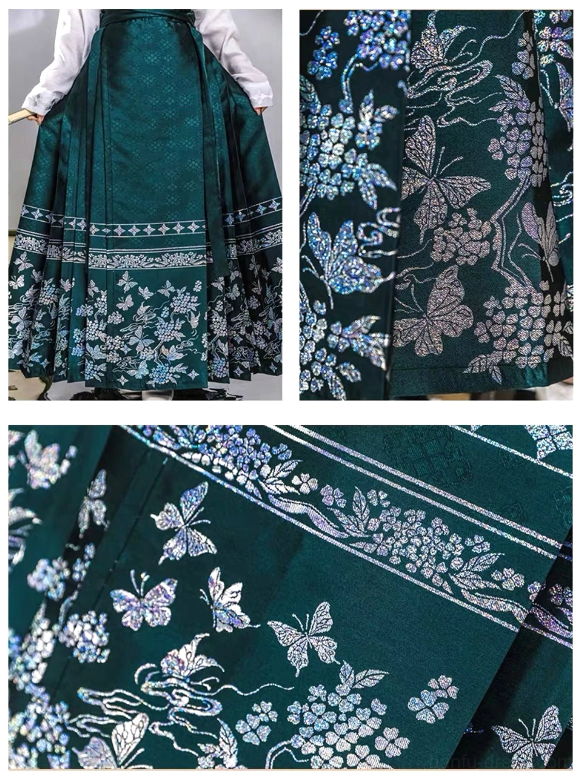 Back three-quarter view of a dark green Ming-inspired mamianqun skirt showing the high-waisted band, pleats, jacquard texture, and embroidered hem