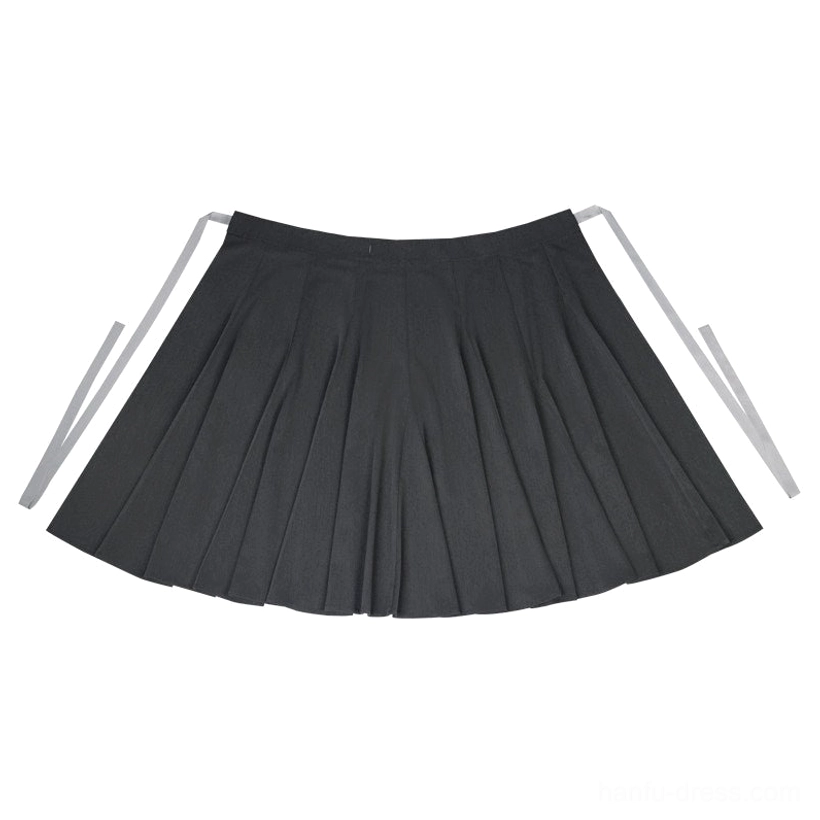 Dark grey high waisted pleated Hanfu wrap skirt with light grey side waist ties displayed flat