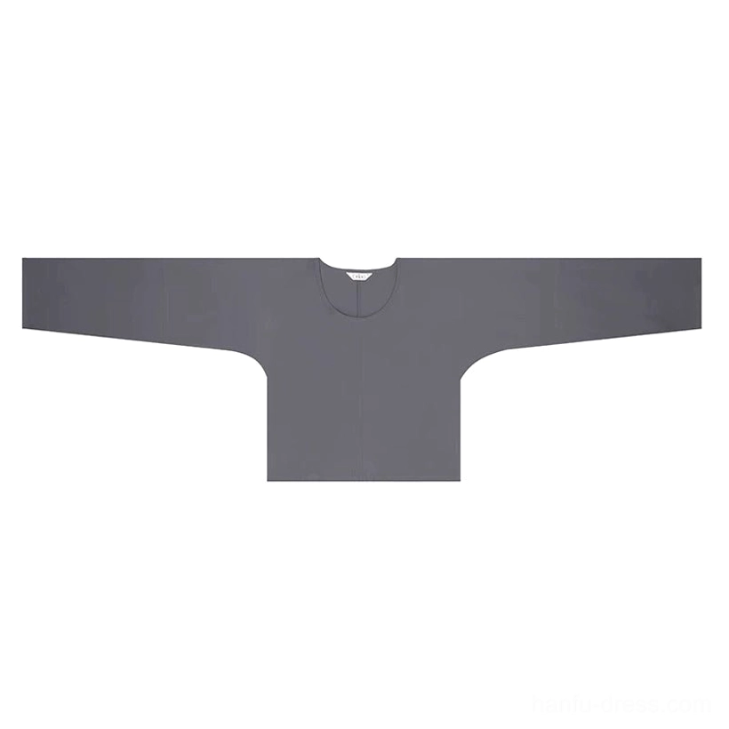 Flat lay of a dark grey Hanfu inner shirt with round neckline, front slit, loose wide sleeves, and plain smooth fabric