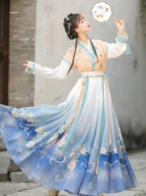 Pink and blue Tang Dynasty qiyao ruqun hanfu complete set with apricot cropped top and floral gradient skirt side view