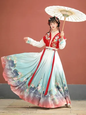 Red Tang Dynasty beizi qiyao ruqun hanfu set with embroidered vest and cyan to rose gradient skirt shown in a traditional courtyard