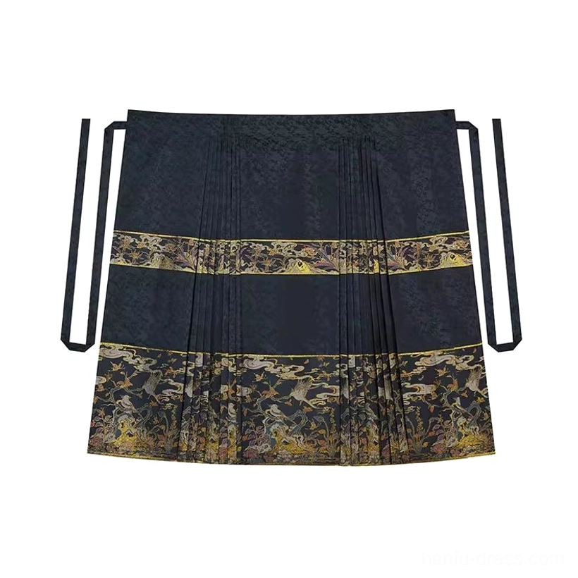 Dark navy Ming Dynasty mamianqun horse-face skirt with woven gold auspicious landscape pattern bands and side waist ties flat lay