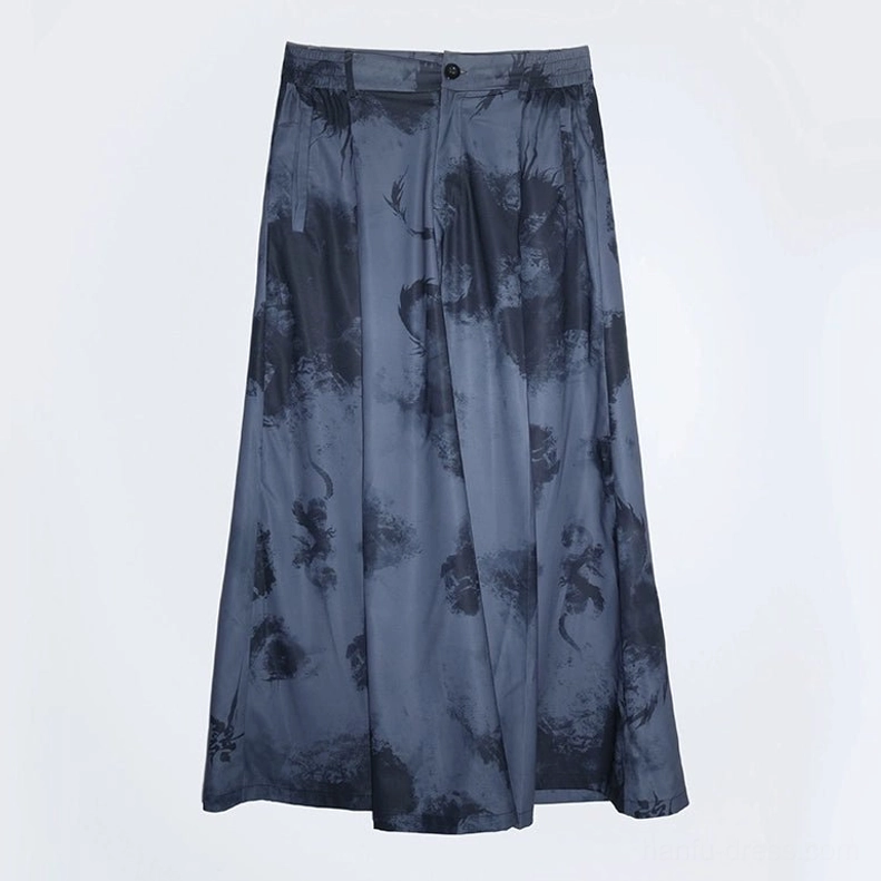 Dark navy modern Hanfu ink wash floral print wide leg pants shown in a flat lay view with button and zipper waist closure