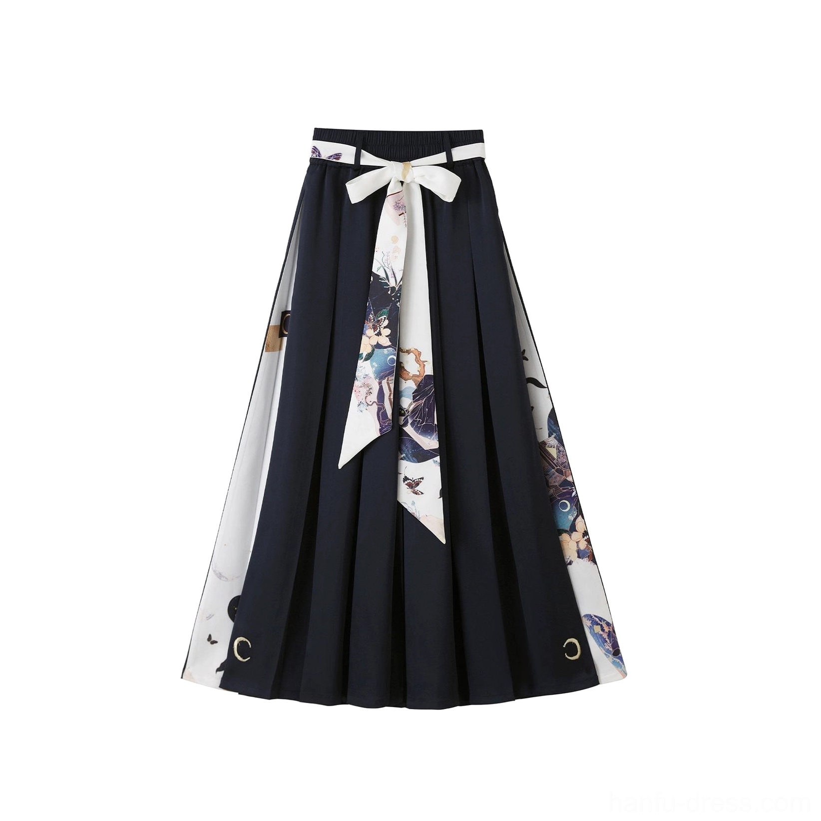 Flat lay front view of dark navy wide-leg modern Hanfu pants with pleated silhouette, moon palace laurel prints, and decorative front bow belt