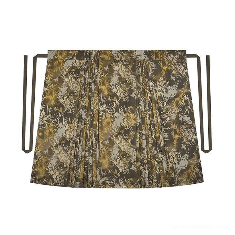 Flat lay of dark olive green pleated mamianqun skirt with gold floral and bamboo pattern and side waist tying straps