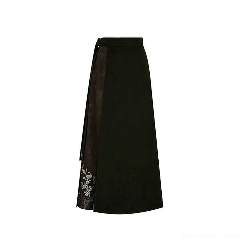 Separated dark olive green Hanfu spiral skirt with sheer contrast side panel, side detail, and floral embroidered hem